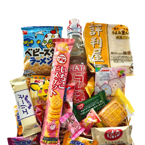 This delicious snack box is filled with a range of sweet and savory snacks from Japan! A perfect range of treats to try, this snack box would make a unique gift or just to treat yourself! What's in the Box?  Bourbon petit cookies x1 KitKat green tea mini x1 Kitkat otona no amasa mini x1 Tonkotsu Ramen x1 Pokemon Furuta cookie x1 Bourbon wafer x1 Baby star dried ramen snack x1 Assorted Japanese candy x4 Lychee Ramune drink x1 Sumikko Gurashi candy x1 Morinaga choice butter biscuit x1  Hi Chew candy x4